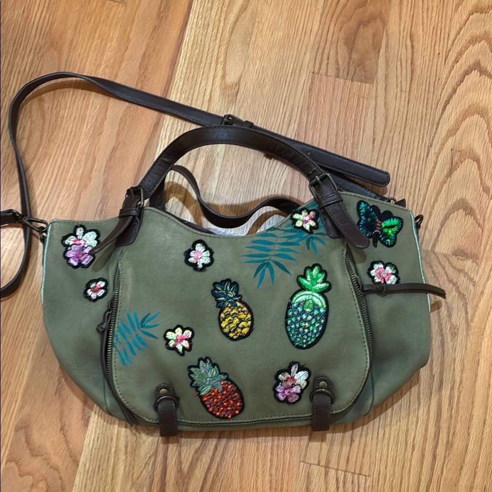 Desigual Green Shoulder Bag with Leather Trim. From Japan. Exclusive.